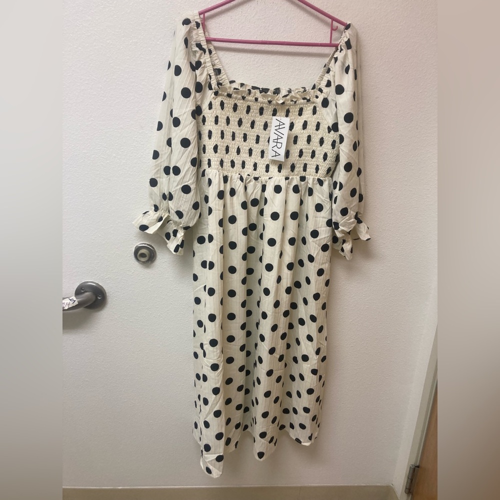 NWT AVARA Cream With Black Polka Dots Dress (L)